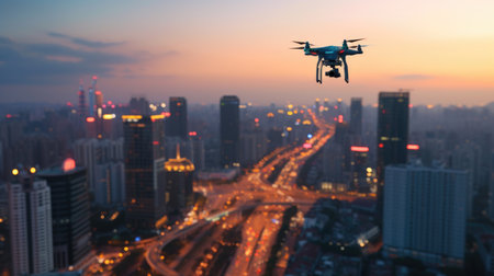 High-tech innovations such as drone delivery services, autonomous vehicles, and smart infrastructure shaping the urban landscapeの素材