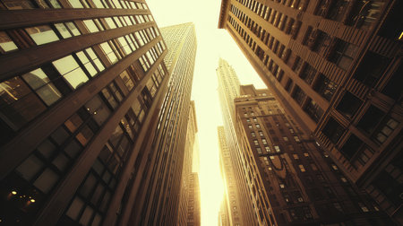 Towering buildings reaching towards the sky, casting long shadows over the bustling city streets belowの素材