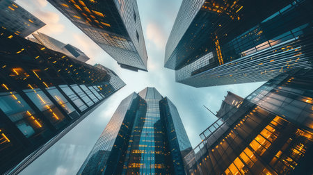 Clusters of towering skyscrapers housing corporate headquarters, financial institutions, and multinational companiesの素材