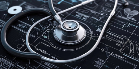 Graphics showing the detailed parts of a stethoscope, highlighting its functionalityの素材
