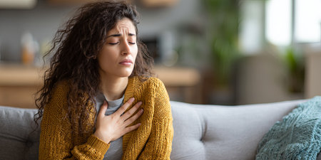 Young woman experiencing difficulty in breathing while sitting on a cozy couch in a modern living room, showing signs of distress and anxietyの素材