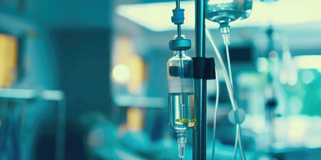 Visuals of an infusion pump delivering medication through an IV drip to a patientの素材