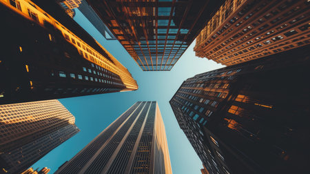 Towering buildings reaching towards the sky, casting long shadows over the bustling city streets belowの素材