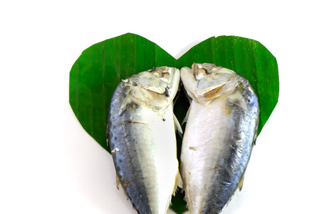 Mackerel steamed on banana leaf の写真素材