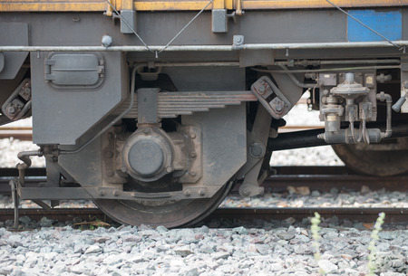 closeup wheel break and suspension system of diesel trainの写真素材
