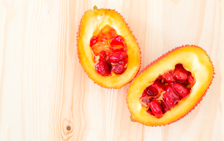 fresh slice baby Jackfruit on wood backgroundの写真素材