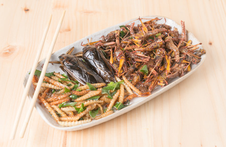 Mix insects fried on wooden backgroundの写真素材