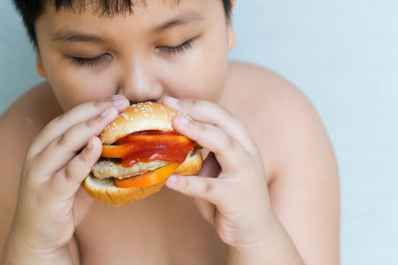 pork cheese Hamburger in obese fat boy hand on gray backgroundの写真素材