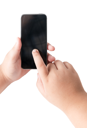 kid hand touch on mobile smart phone with blank screen isolated on white background.の写真素材