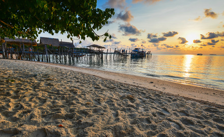 wood bridge with sand and  beautiful sunset in evening time.のeditorial素材