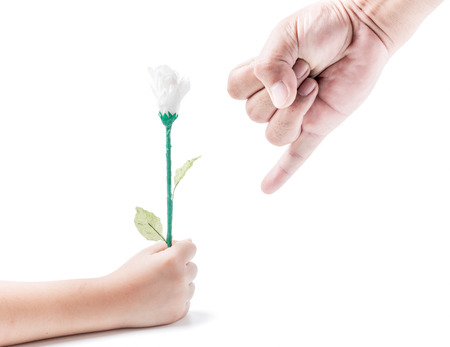 finger hand symbols and flower in hand girl isolated on white background, concept reconcile or promise or friendshipの写真素材
