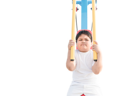 obese fat boy exercise isolated on white background.