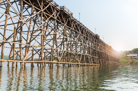 old an long wooden bridge at Sangklaburi,Kanchanaburi province, Thailand.