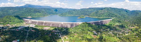 Aerial view from drone of Khun Dan Prakan Chon in Nakonnarok province Thailand, largest and longest roller compacted concrete dam in the world.の写真素材