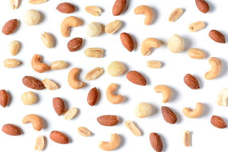 salted cocktail nuts isolated on white background, snack food concept and top view.