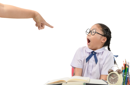 Family concept; Mother rebuke her daughter and she shocked isolated on whiteの写真素材