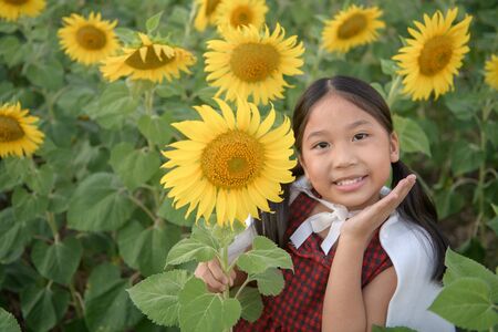 Happy cute asian girl smile with sunflower, travel and relaxation concept.の写真素材