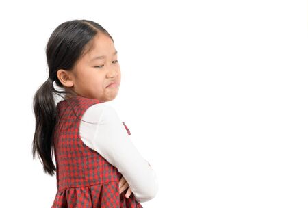 Kid Asian girl face expression envy, jealous isolated white background Negative human emotion facial...