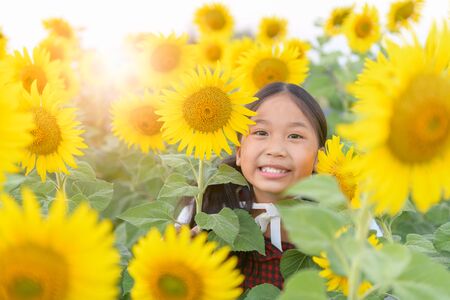 Happy cute asian girl smile with sunflower, travel and relaxation concept.の写真素材