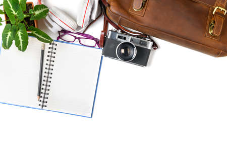 Vintage Leather bag and  vintage camera with black coffee isolated on white background, travel concept and copy sapce for input text.の写真素材