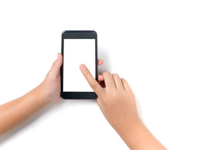 Child hand holding black smartphone with white screen for advertise or banner isolated background....