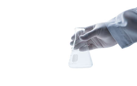 hand scientist wearing rubber gloves and hold Erlenmeyer flask isolated on white background and...