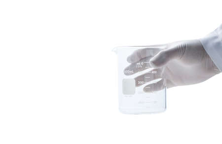 hand scientist wearing rubber gloves and hold  beakers isolated on white background and coppy space, Chemical laboratory glassware and Science conceptの写真素材