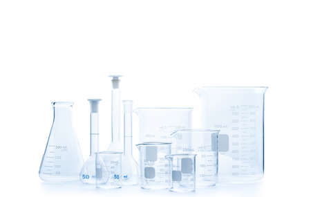 Realistic Glass Laboratory Equipment Set. Flasks and measuring beaker for science experiment in laboratory isolated on white background, Scientific equipmentの写真素材