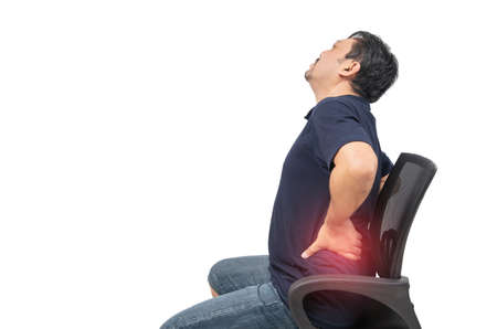 Middle aged man suffering from backache isolated on white background, Lower back pain and health...
