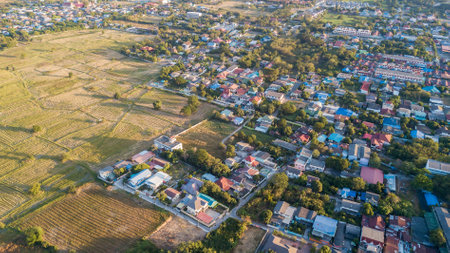 Aerial view of residential houses and drivewaysの写真素材