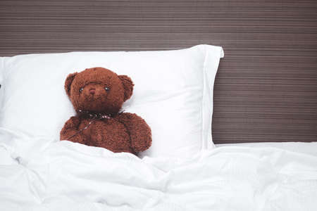 Old brown teddy bear sleep on pillow, rest and relax conceptの写真素材