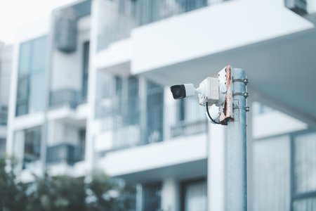 CCTV. Video surveillance camera is mounted on a pole outside an apartment building