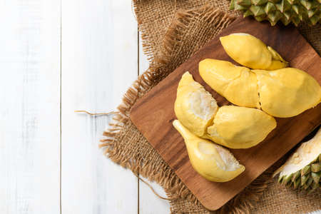 Top view of Chani Kai Durian or Durio zibthinus murray on wood plate