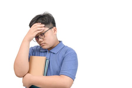Obese boy student feel strain or  headache after learning online isolated on white background,...