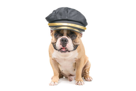 Cute french bulldog wear police hat isolated on white background, pets and animal  conceptの写真素材