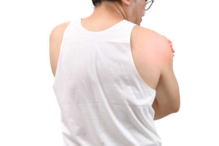 Back side of middle aged man in white veat suffering from arm and shoulder pain isolated on white....