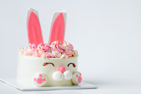 Easter bunny celebration cake  on white background, homemade cute birthday cake