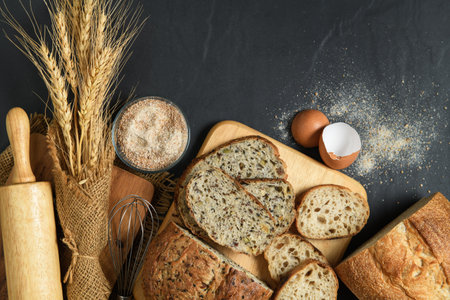 slide multi grain sourdough bread and sliced Baguette with Whole Wheat Flour on black stone background, Homemade bakery conceptの写真素材