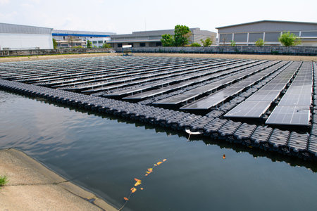 Solar panels on a wastewater treatment plant.renewable energy concept