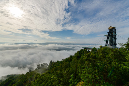 beautiful sea of mist and sunrise, view from Aiyoeweng View Point, Yala Province, Thailandの写真素材