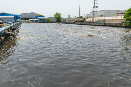 Aeration pond for wastewater treatment in industrial plants. environmental science and reuse waste water conceptの写真素材