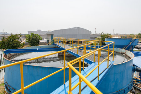 Aerated pool wastewater treatment system in industrial plants. environmental science and reuse waste water conceptの写真素材