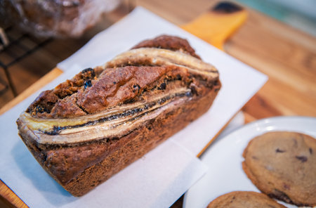 sourdough banana bread on dish at cafe. Homemade bakery conceptの写真素材