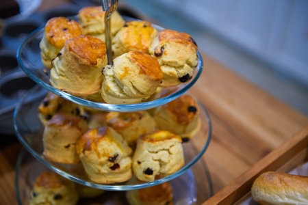Traditional british scones with  strawberry jam for tea time in cafe. bakery conceptの写真素材