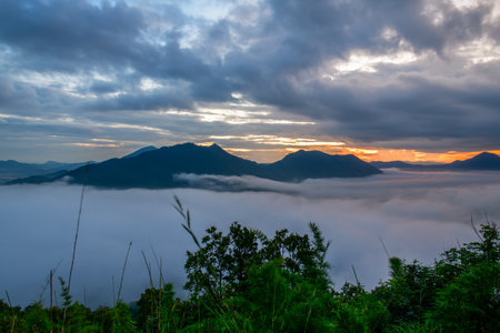Landscape lot of fog Phu Thok Mountain at Chiang Khan ,Loei Province in Thailand.の写真素材