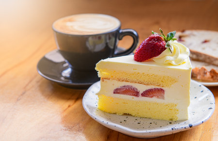 Strawberry cake, vanilla sponge cake with cream cheese and fresh strawberries with hot coffee. Summer cake.の写真素材