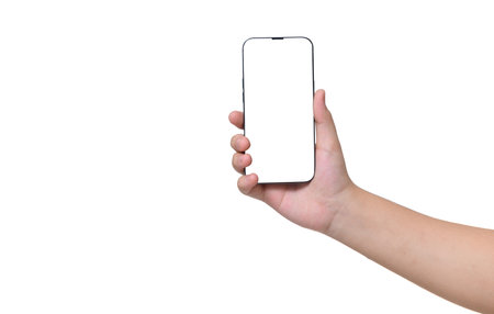 Hand holding smart phone Mockup and screen Transparent isolated for Infographic Business web site design appの写真素材
