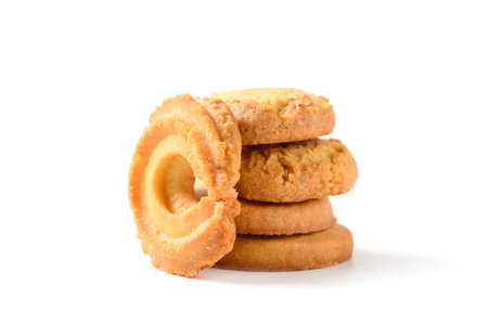 Danish butter cookies macro cutout.Round shortbread biscuits with sugar isolated on a white background. Danish pastry and sweet food concept.の写真素材