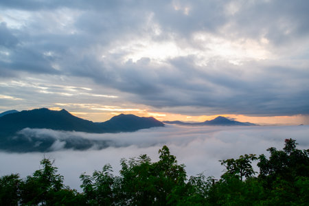 Landscape lot of fog Phu Thok Mountain at Chiang Khan ,Loei Province in Thailand.の写真素材