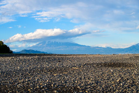 Beautiful snow white top Fujisan with blue sky from the Miho no Matsubara, UNESCO World Heritage Siteの写真素材